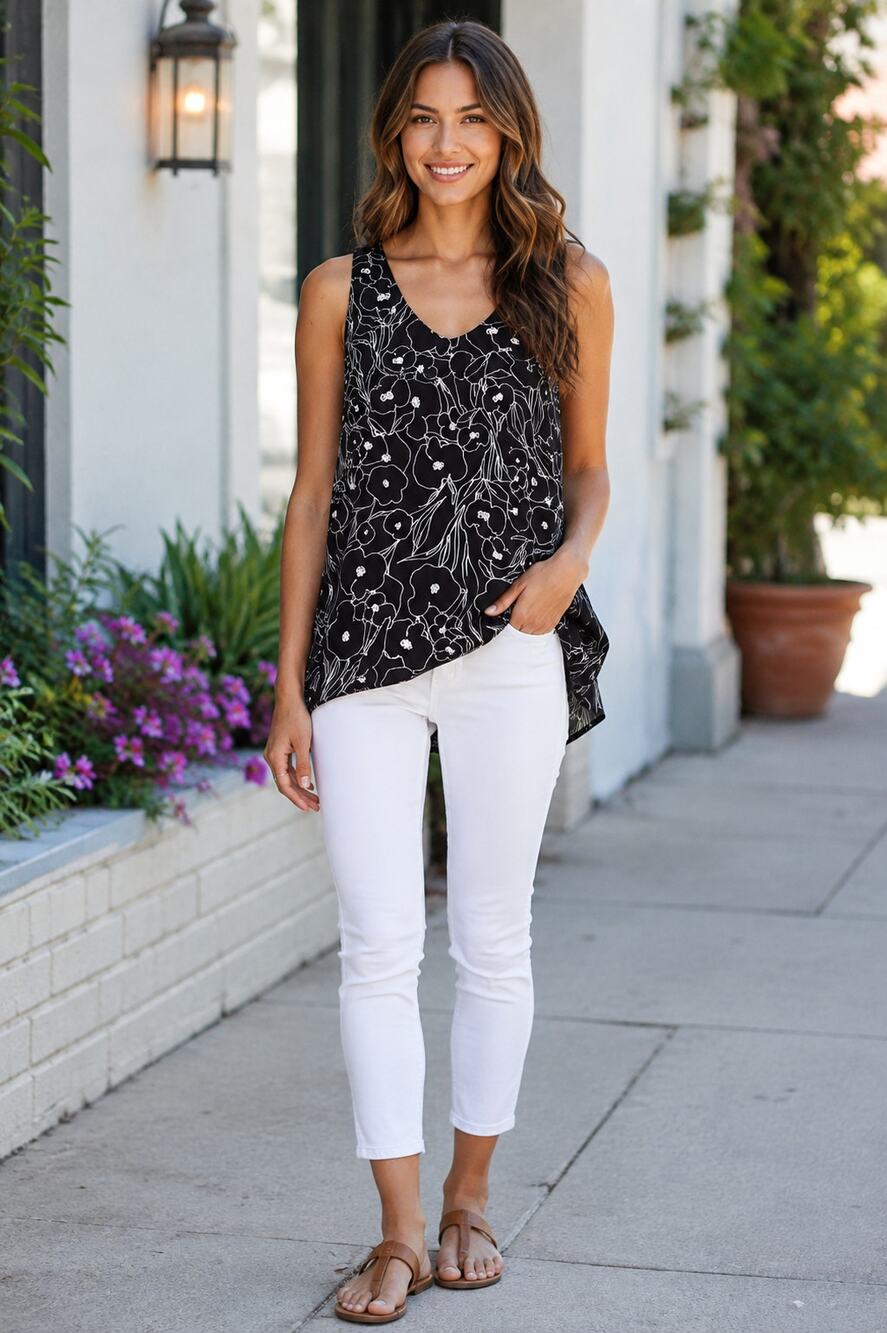 14th & Union Black White Floral Hi Low V Neck Sleeveless Blouse M NWT